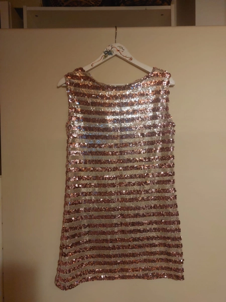 #MH101 - Payet Mini Elbise Çizgili Desen Vintage Esinti Pembe Beyaz